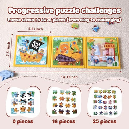 Magnetic Puzzles for Toddlers 3-5 Years, 3 in 1 Vehicle & Adventure Toys with 9/16/25 PCS, Travel Activity for Boys and Girls, Preschool Puzzle Game with Pirate Ship, Digger, Fire Truck - color: Yellow