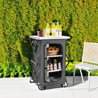 Giantex Folding Camping Storage Cabinet with 3 Shelves and Carry Bag, Portable Outdoor Organizer Kitchen Table, Quick Set-up for BBQ, Picnic, Backyard, Compact Pop-Up Cupboard, 35''H - size: 35''H