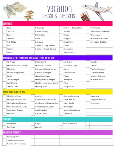 Vacation Packing List - Never Forget Essential Travel Items! Reusable Laminated & Double Sided - The Perfect Packing list for All Ages