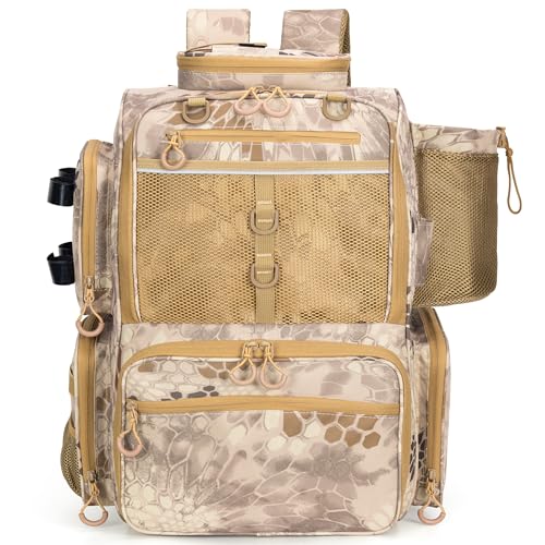 Rabjen Fishing Tackle Backpack with Rod Holders, Bottle Holder, Storage Bag Store Fishing Gear - color: Camouflage Khaki