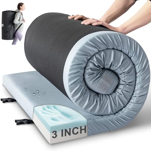 Kingfun 3 Inch CertiPUR-US Memory Foam Camping Mattress Pad, Waterproof Roll up Sleeping Pad, Thick Floor Sleeping Mats for Tent with Removable Travel Bag - color: Light Blue, size: Twin 75" x 36" x 3 inch