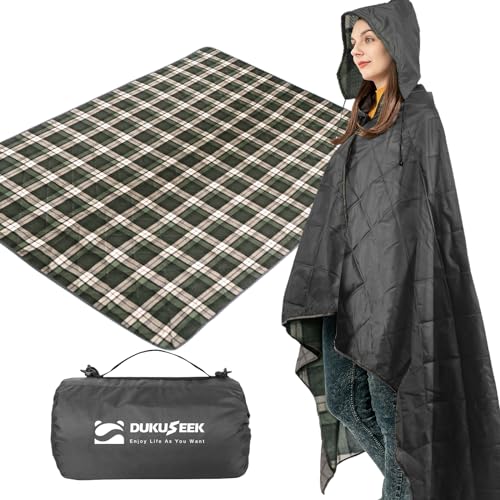 DUKUSEEK Waterproof Stadium Blanket, Hooded Outdoor Blankets Waterproof Windproof for Cold Weather, Emergency Warm Blanket with Quilted Cotton and Thick Fleece for Picnic, Camping, Outdoor Sports - color: Black Outer With Blue Plaid Fleece