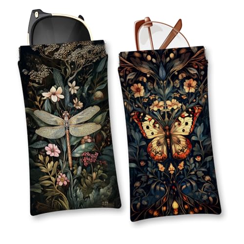 Eyeglasses Sunglasses Case PU Soft Squeeze Top Glasses Pouch for Women Men,Animal Pattern Portable Anti Scratch - color: Brown-dragonflie02