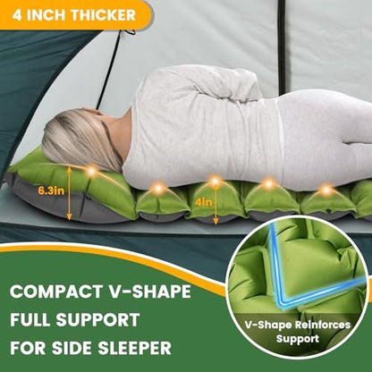 Ultralight Camping Sleeping Pad with Built-in Pillow & Foot Pump, Compact Inflatable Air Mattress for Backpacking, Hiking, Tent, Travel Camp & Outdoor Adventures - color: Green+grey