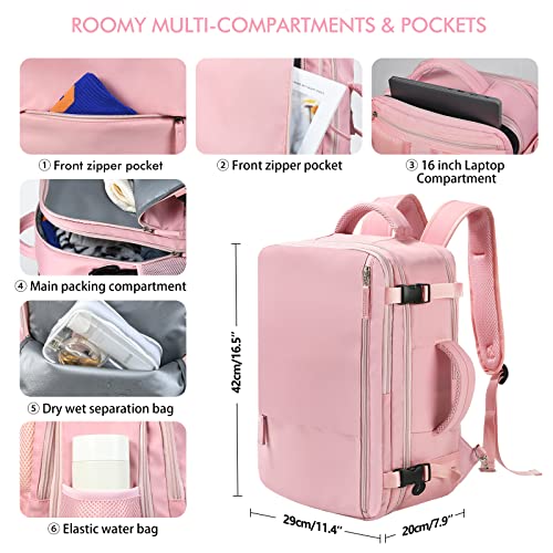 Beraliy Travel Backpack for Women, Airline Approved Bag, Carry On Waterproof Hiking Backpack, 16 inch Laptop Backpack, Overnight Bag, Pink - color: Pink, size: Large