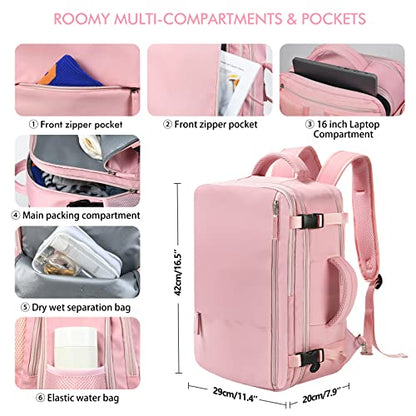 Beraliy Travel Backpack for Women, Airline Approved Bag, Carry On Waterproof Hiking Backpack, 16 inch Laptop Backpack, Overnight Bag, Pink - color: Pink, size: Large