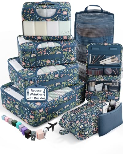 Veken 8 Set Packing Cubes for Travel Essentials,Anti-Wrinkle Buckled Suitcase Organizer for Shoe & Toiletry Bag,Carry On Luggage Bag for Airplane & College Dorm Room Accessories,Women Men Gifts - color: 08 Navy Flower