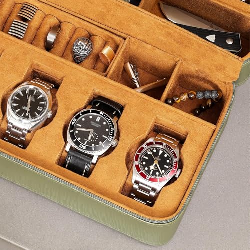 ROTHWELL 8 Watch Travel Case Storage Organizer for 8 Watches, Sunglasses, Rings & Cufflinks |Tough Portable Protection with Zipper Fits Most Wristwatches & Smart Watches Up to 50mm (Green/Tan) - color: Green/Tan