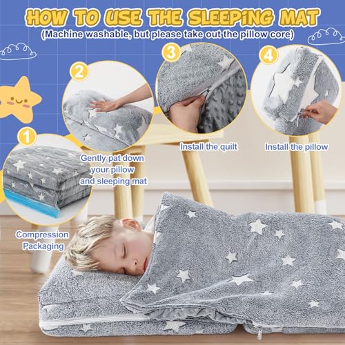 Preschool Nap Mat with Pillow and Blanket, 21" x 50" Glow Sleeping Bag Toddler Nap Mat for Daycare Kids, 2" Thick All in one Foldable Floor Mattress for Girl Boys - style: Star Pattern