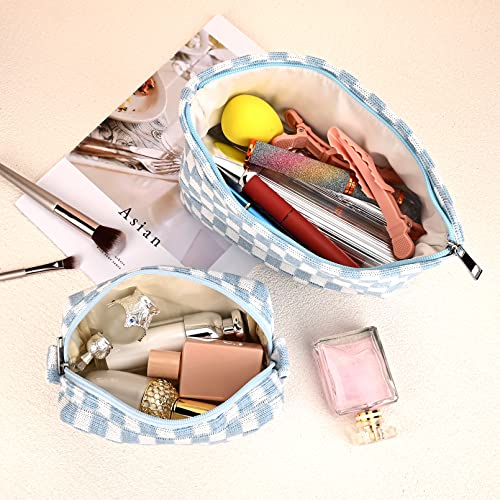 SOIDRAM 2 Pieces Makeup Bag Large Checkered Cosmetic Bag Capacity Canvas Mix Travel Toiletry Bag Organizer Cute Makeup Brushes Aesthetic Accessories Storage Bag for Women, Checkered Mix Blue - color: Blue