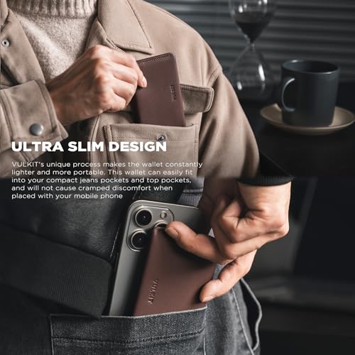VULKIT Slim Minimalist Card Holder RFID Blocking Leather Credit Card Holder Front Pocket Wallet Magnetic Closure - color: Espresso