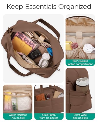 BAGSMART Gym Bag for Women, Lightweight Puffer Duffle Bag 2-PC Travel Bag, 31L Weekender Overnight Bag Quilted Carry On Tote Bag, Diaper Hospital Dance bag for Travel, Gym, Water Resistant - color: Coffee Brown