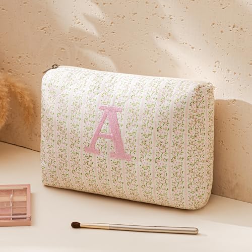 HBselect Initial Quilted Makeup Bag, Pink Cosmetic Travel Toiletry Bag, Flowers Coquette Zipper Make Up Pouch Organizer Teen Girl Gift Trendy Stuff R - color: 1Pc Medium Pinkflower, style: R