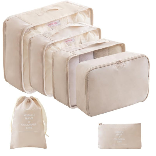 LANSKLBD 6 Set Packing Cubes for Travel, Luggage Organizers with Shoe & Toiletry Bags, Lightweight Suitcase Organizer for Carry-On, Washable Laundry Bags (Beige) - color: Beige, size: 6 set