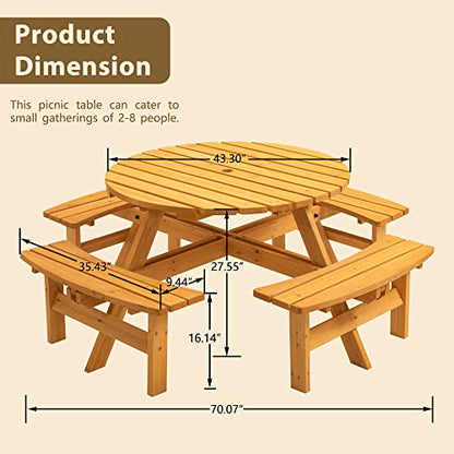Round 8 Person Wooden Picnic Table Sets Outdoor Camping Dining Table with Seat Garden DIY w/4 Built-in Benches 2220lb Capacity - Natural - color: Natural-8-round