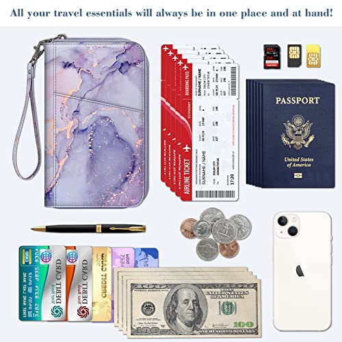 Fintie Family Passport Holder Wallet, RFID Blocking Travel Document Organizer Clutch Bag Credit Cards Case Cover for Women Men - color: Lilac Marble
