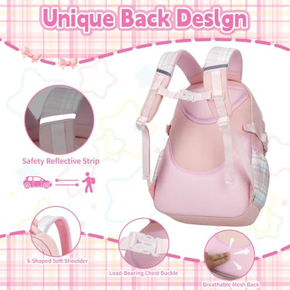 Girls Backpack with Lunch Box Set, 5pc Pink Cute Kawaii Bookbag for Teens, Aesthetic School Backpack for Elementary - color: Pink