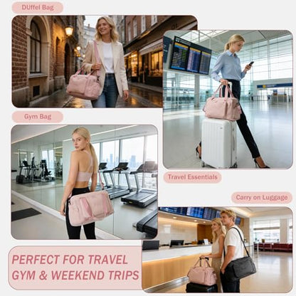 Travel Duffel Bag, 30–40L Expandable Weekender Bag with Shoe Compartment, Foldable Carry On Travel Bag with Wet Pocket and Matching Pouch - color: Pink