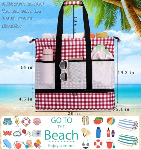 JIANYA Beach Bag Women Waterproof Sandproof Beach Tote Bags with Cooler Top Zipper Large Totes for Pool Travel Daily - color: Red Checked Pattern