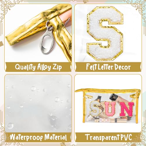 Y1tvei Clear SUN Makeup Bag - Preppy Rose Red SUN Chenille Varsity Letter Cosmetic Bag PVC Transparent Zipper Waterproof Beach Makeup Carry Pouch Portable Travel Toiletry Organizer for Women(Gold) - color: Rose red SUN Gold