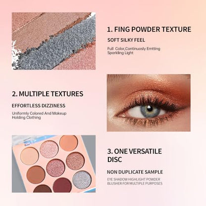 9-Color Nude Brown Eyeshadow Palette – Matte Shimmer Glitter Peach Caramel Bronze Eye Shadow Kit, High Pigment Blendable Long-Lasting Warm Neutral Makeup Palette for Daily Wear, Soft Glam & Travel - color: H01