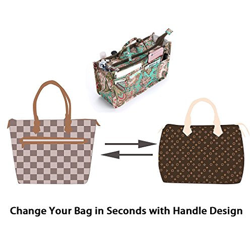 BTSKY New Printing Handbag Organizers Inside Purse Insert-High Capacity 13 Pockets Bag Tote Organizer with Handle Peacock Flower - color: Green+Brown