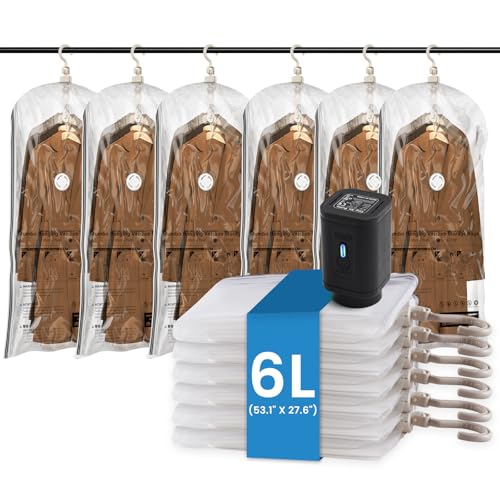 TAILI Hanging Vacuum Storage Bags with Electric Air Pump, Vacuum Seal Bags for Clothing Travel, Space Saving Hangers for Clothes, Coats, Suits and Jackets,Set of 6 (6 Long) - color: Sheer, size: 6 Large