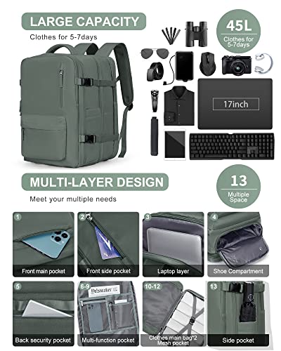 Large Travel Laptop Backpack, Expandable Flight Approved Backpack, Carry on Backpack for Women, Waterproof 17inch Laptop Hiking Backpack with Shoe Compartment, Dark Green - color: A14-darkgreen