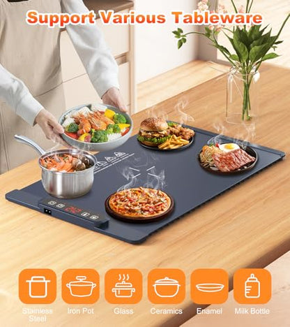 10s Rapid Heating Food Warming Mat, 5 Temperature Settings Silicone Electric Heating Tray with 1-4H Timer & Child Lock, Foldable Portable Food Warmer for Family Gatherings/Camping/Baking, Dark Blue