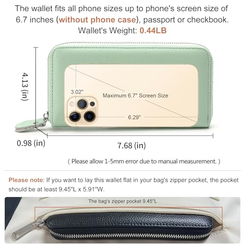 Moflycom Womens Wallet RFID Blocking Genuine Leather Zip Around Wallet Clutch Wristlet Travel Long Purse for Women - color: Light Green
