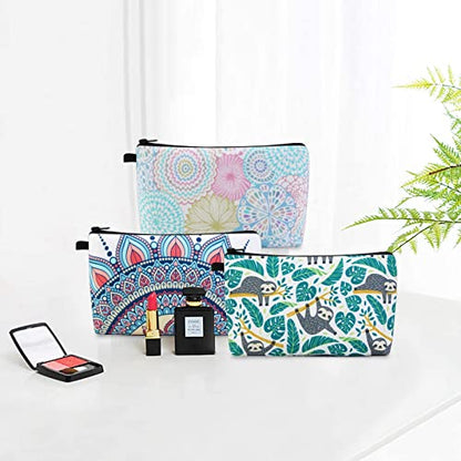 MAGEFY Makeup Bag 3 Styles Portable Travel Cosmetic Bag for Women Flower Patterns Small Toiletry Bag Sloth Gifts for Women Makeup Pouch with Black Zipper Pouch (3 packs) - color: 3 packs