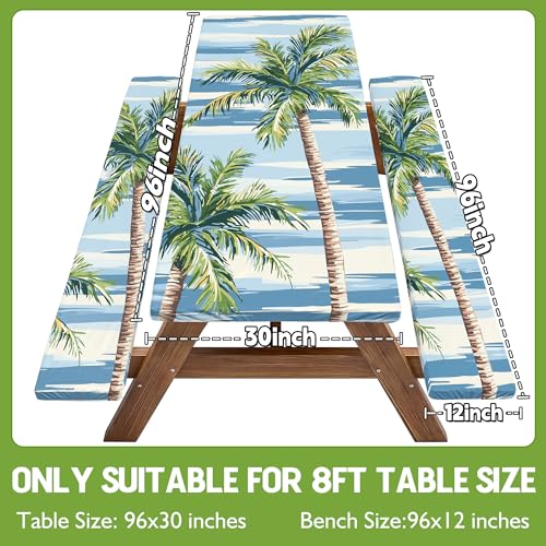 Picnic Table Cover with Bench Covers Waterproof Elastic Rectangle Reusable Folding Tablecloth Manteles Mantelería Camping Essentials Rv Car Travel Supplies Table Cloth Outdoor Road Trip Camper Gifts - color: Blue Green Coconut Tree, size: 96in