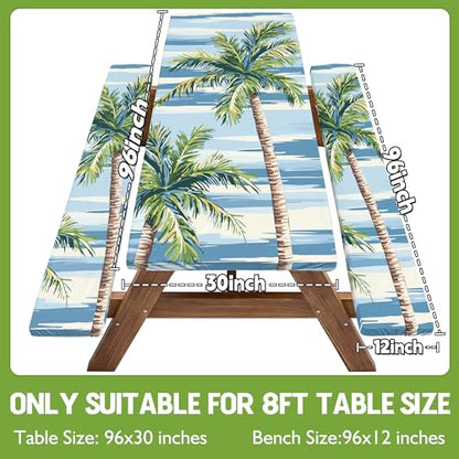 Picnic Table Cover with Bench Covers Waterproof Elastic Rectangle Reusable Folding Tablecloth Manteles Mantelería Camping Essentials Rv Car Travel Supplies Table Cloth Outdoor Road Trip Camper Gifts - color: Blue Green Coconut Tree, size: 96in