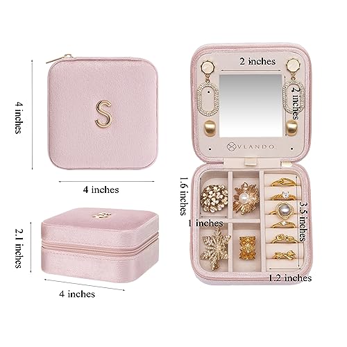 VLANDO Small Travel Jewelry Box Organizer Display Case for Rings Earrings Necklaces Storage, Selected Soft Velvet, Letter A Engraved, Pink - color: b. Powder Pink A