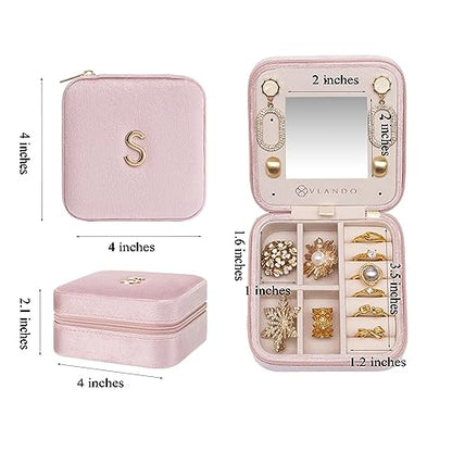 VLANDO Small Travel Jewelry Box Organizer Display Case for Rings Earrings Necklaces Storage, Selected Soft Velvet, Letter K Engraved, Pink - color: b. Powder Pink K