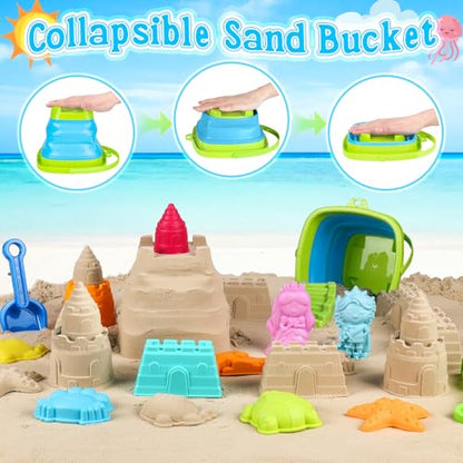 Collapsible Beach Toys for Kids Toddlers, Foldable Sand Bucket and Shovels Set with Mesh Bag & Sand Castle Building Kit, Travel Sand Toys for Beach Essentials, Sandbox Toys for Baby Kids Age 3-10