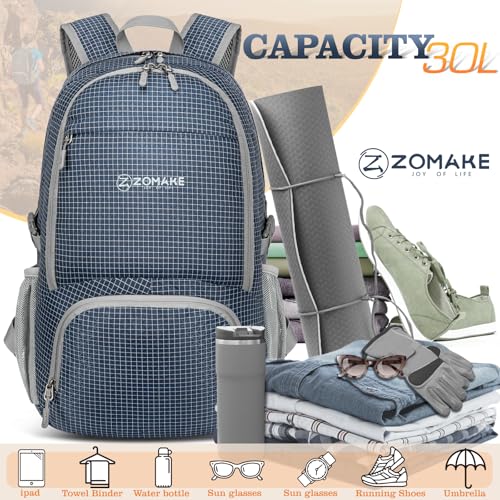 ZOMAKE Lightweight Packable Backpack 30L, Foldable Hiking Backpacks Water Resistant Compact Folding Daypack for Travel(Plaid Royal Blue) - color: Plaid Royal Blue