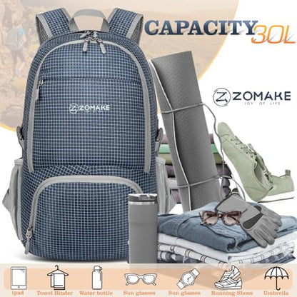 ZOMAKE Lightweight Packable Backpack 30L, Foldable Hiking Backpacks Water Resistant Compact Folding Daypack for Travel(Plaid Royal Blue) - color: Plaid Royal Blue