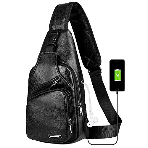 Peicees Leather Sling Bag Mens Crossbody Bag Chest Bag Sling Backpack for Men with USB Charge Port - color: Black, size: Medium