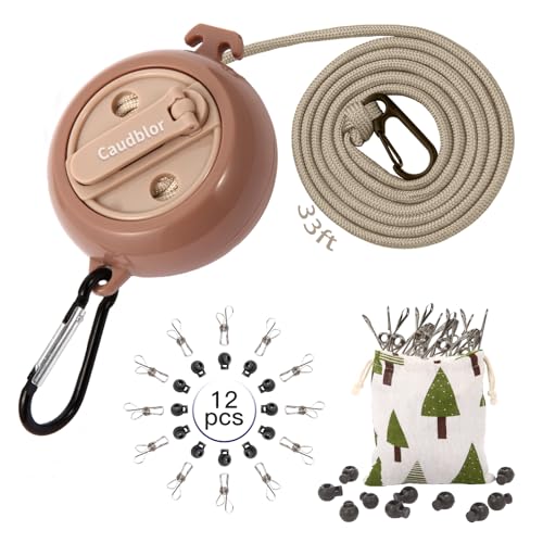 Portable Travel Clothesline Cord, Caudblor Adjustable 33ft Camping Clothes line, Laundry Drying Rope for Hotel Trip, Cruise, Outdoor/Indoor, with 12Pcs Stoppers, Windproof Clothespins - style: Apricot