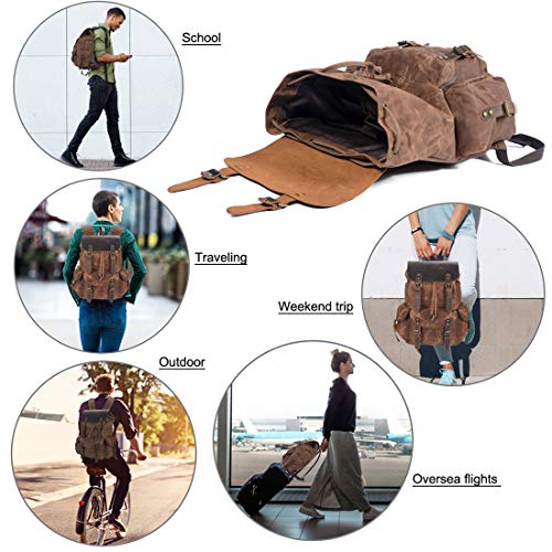 WUDON Leather Backpack for Men, Waxed Canvas Shoulder Rucksack Carry-On Travel Backpack - color: Grey-oversize