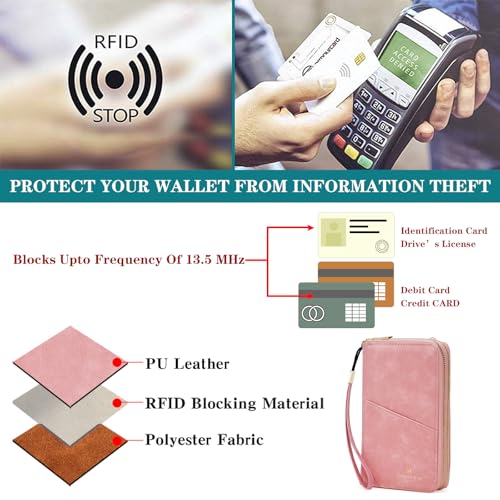 GOIACII Passport Wallet Travel Crossbody Bags for Women Wristlet Phone Purse Double Zip Vegan Leather Pink - color: A04 Pink