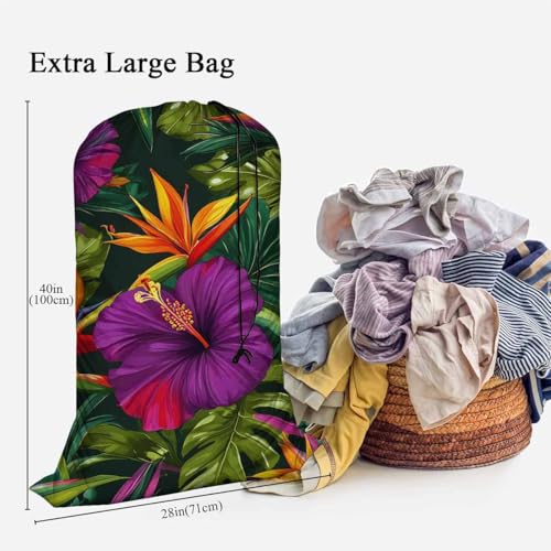 Swono Tropical Flowers Drawstring Closure Dirty Clothes Bag Organizer, Heavy Duty Large Laundry Bag, Floral Pattern Botanical Hibiscus Palm Leaf Bird Summer Rip-Stop Bags for Camp Travel - color: Tropical Flowers