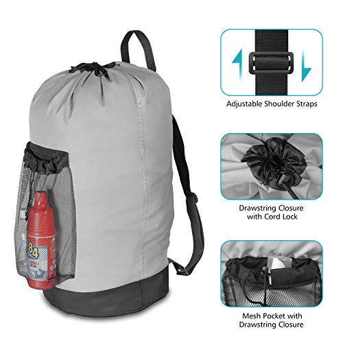 Dalykate Backpack Laundry Bag, Laundry Backpack with Shoulder Straps and Mesh Pocket Durable Nylon Clothes Hamper Bag with Drawstring Closure for College, Travel, Laundromat, Apartment - color: Grey