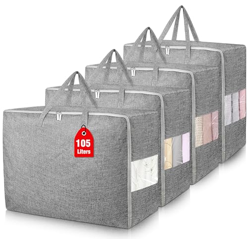 105L Extra Large Storage Bags, Folding Moving Comforter Blanket Storage Bags Closet Organizers and Storage Containers for Clothes with Strong Handles&Zippers Clear Window for Bedding Pillow Grey 4Pack - color: Grey, size: 4 x 105L