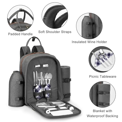 ALLCAMP Picnic Backpack - Insulated Cooler Bag with Compartment, Detachable Wine Glass Holder, Throw Blanket & Cutlery Set, 2 Person Picnic Set for Family Outings, Couple Gifts (Gray) - color: Gray, size: 2 person