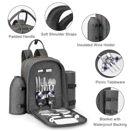 ALLCAMP Picnic Backpack - Insulated Cooler Bag with Compartment, Detachable Wine Glass Holder, Throw Blanket & Cutlery Set, 2 Person Picnic Set for Family Outings, Couple Gifts (Gray) - color: Gray, size: 2 person