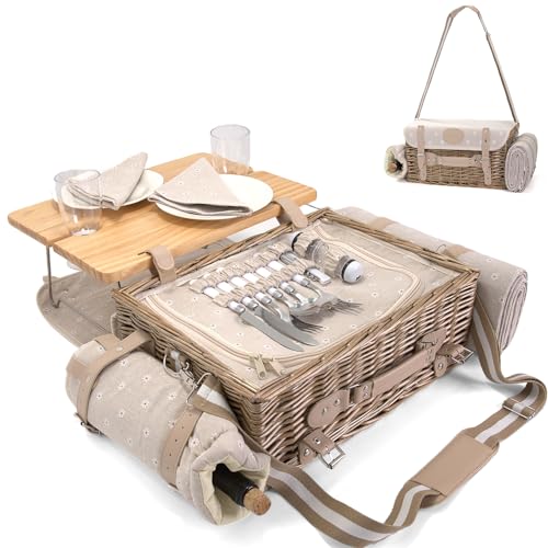 Multifunctional Wicker Picnic Basket Set for 2 with Blanket and Picnic Table, Insulated Picnic Set with Full Tablewares for Camping Outdoor Couples, Flowers - color: Flowers With Blanket &Table for 2