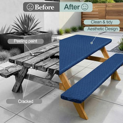 Play Tailor Picnic Table Cover with Bench Covers Camping Essentials Waterproof Windproof Camping Tablecloth with Drawstring Bag, Fitted Rectangle Tables and Seats, 72in, Deep Blue - color: Deep Blue, size: 72in