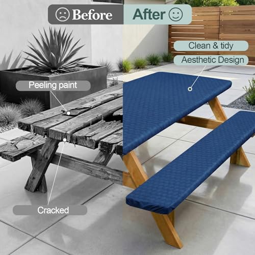 Picnic Table Cover with Bench Covers Camping Essentials Waterproof Windproof Camping Tablecloth with Drawstring Bag, Fitted Rectangle Tables and Seats, 96in, Deep Blue - color: Deep Blue, size: 96in